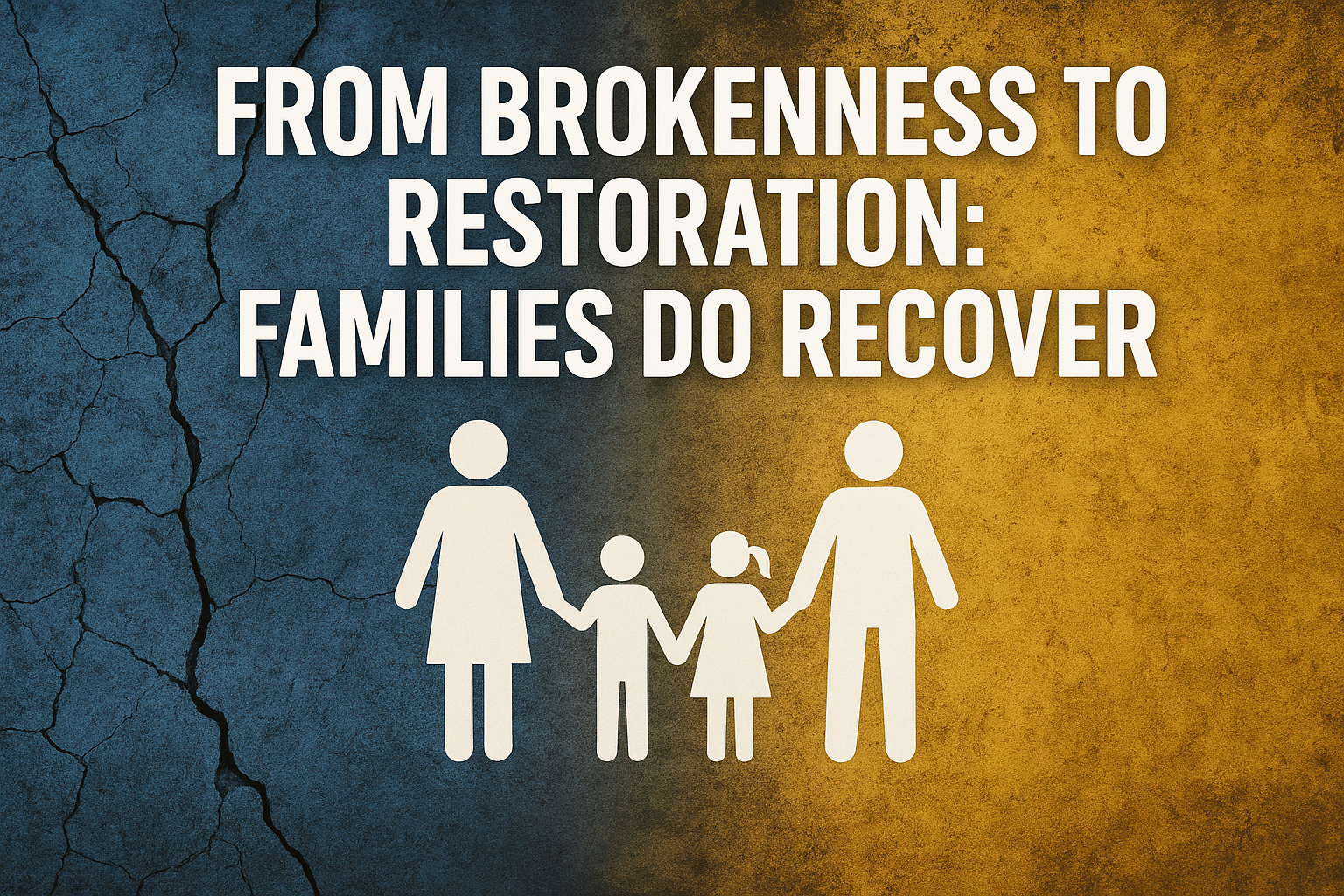 Illustration of a family silhouette holding hands with the text ‘From Brokenness to Restoration: Families Do Recover’ symbolizing healing and recovery.